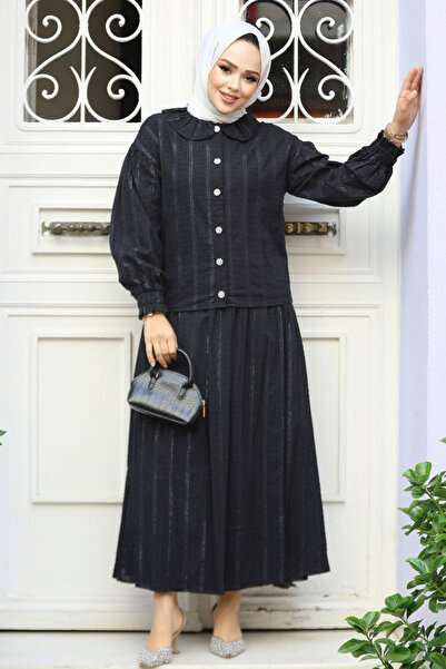 Neva Style Black Hijab Skirt Baby Collar Double Suit - 30004S