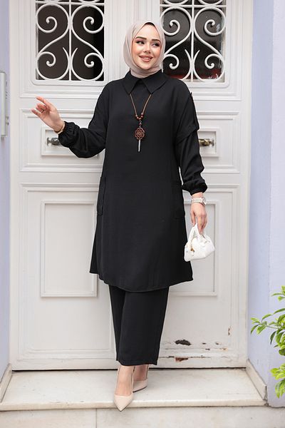 N.S NEVA STYLE Μαύρο Hijab Διπλό Σετ με Κολιέ 52631S