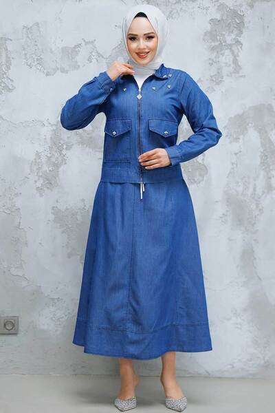 Neva Style Navy Blue Hijab Skirt Jacketed Jeans Suit - 44641L