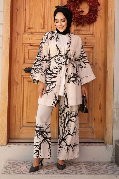 Neva Style Black Hijab Double Kimono Set - Patterned 12121s