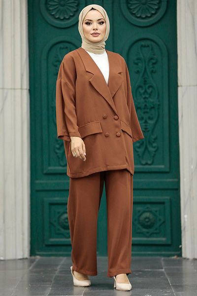 Neva Style Brown Hijab Double Suit with Blazer Jacket 5927Kh