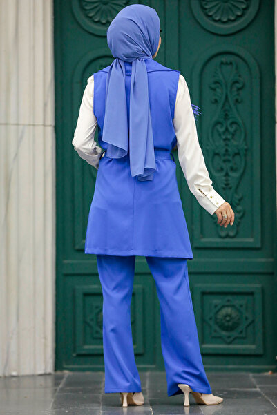 Neva Style σετ κοστούμι με γιλέκο Μπλε Ινδίγκο Χιτζάμπ Διπλό Σετ 5916IM