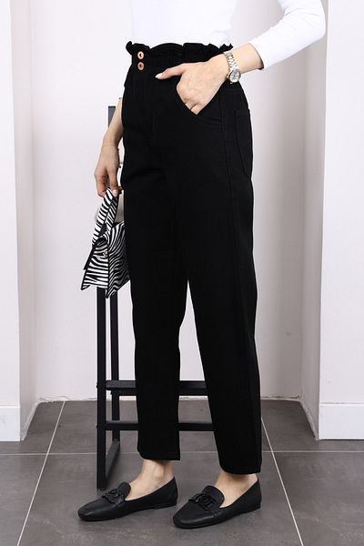 İmajButik Pantaloni negri Mom Jeans cu talie elastică