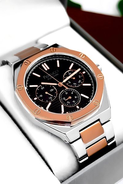 Ferrucci Men Wrist Watch Rose-Silver Color Steel Band and Case, Function Sdfer001