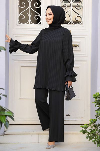 Neva Style Black Hijab Pleated Double Set - 17301S