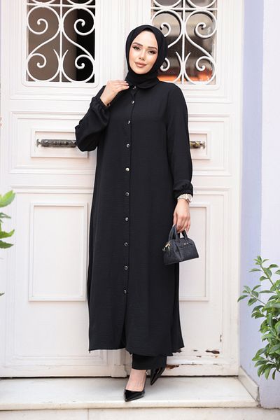 Neva Style Μαύρο Hijab Διπλό Σετ με Κουμπί 10101s