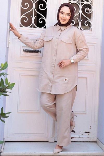 N.S NEVA STYLE Buttoned Beige Hijab Double Set 14272Bej