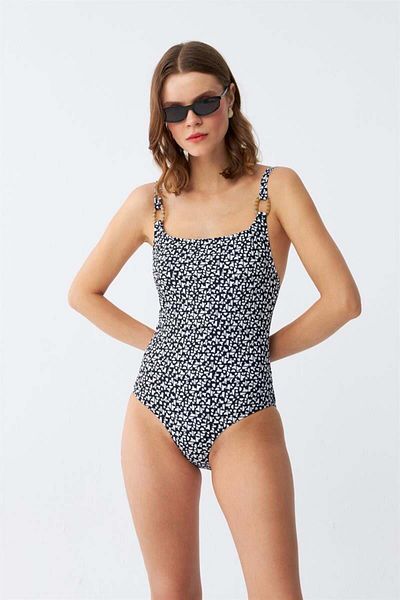 modaserdem Mdsrdm Women's Navy Blue Geometric Patterned One Piece Swimsuit with Accessories Strap
