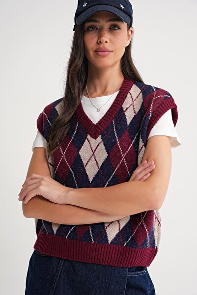 Mixray 6930 Women's Diamond Patterned Knitwear Sweater Claret Red