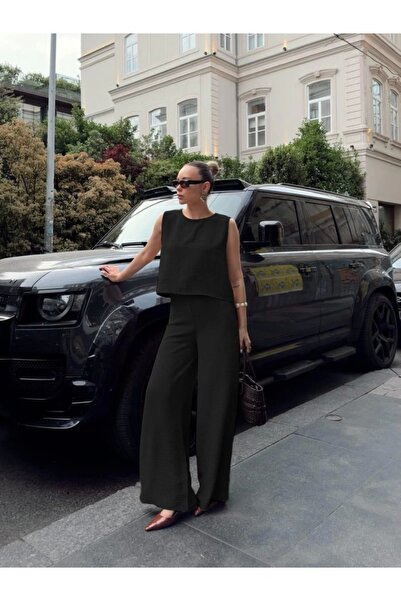 Butik Women's Crew Neck Sleeveless Blouse and Wide Leg Aerobin Fabric Double ...