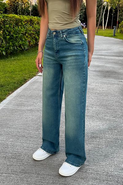BİKELİFE Women's High Waist Stretchy Faded Effect Vintage Wide Leg Wide Leg Casual Jean