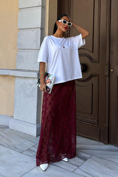 Dolcha Crimson Grace Kadın Bordo Dantel Maxi Etek – Şık Yazlık Tasarım