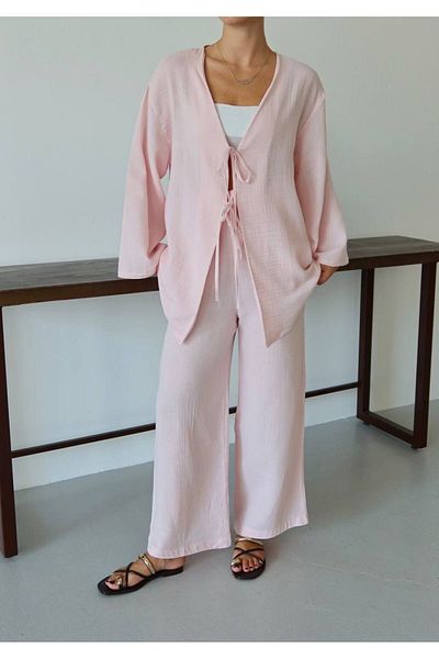 NATUFIAN STORE Women's Pink Linen Kimono-Pants Bottom-Top Set