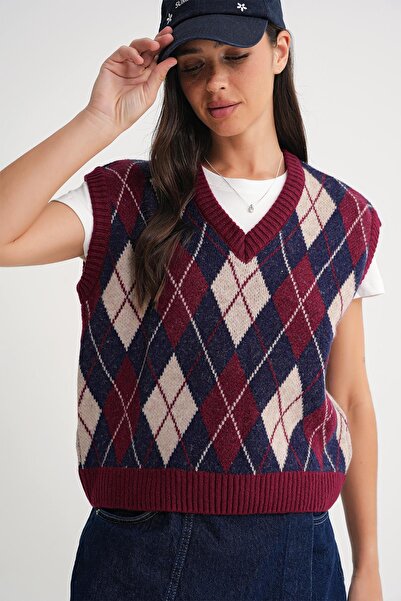 Mixray 6930 Women's Diamond Patterned Knitwear Sweater Claret Red