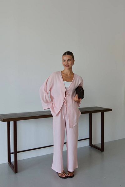 NATUFIAN STORE Women's Pink Linen Kimono-Pants Bottom-Top Set