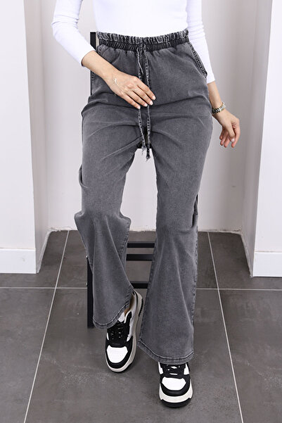 İmajButik Blugi Palazzo casual cu talie afumată elastică