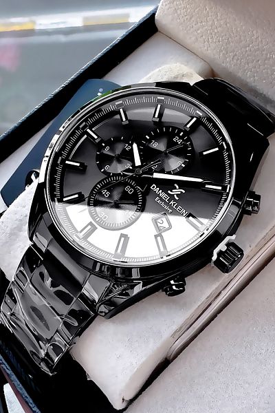 Daniel Klein Groom Watch Original Men's Wristwatch 3 Atm Waterproof Black Color Steel Cord Gift Bracelet