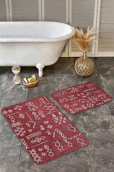 Realhomes Set of 2 Ethnic Motifes Tribal Ethnic Motifs Geometric 2-Piece Bath Mat Set on Red Background