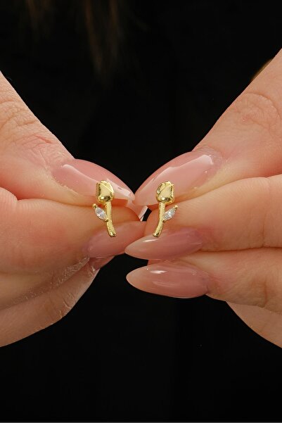 Sümer Telkari Taşlı Lale Altın Kaplama Mini Gümüş Küpe 7351