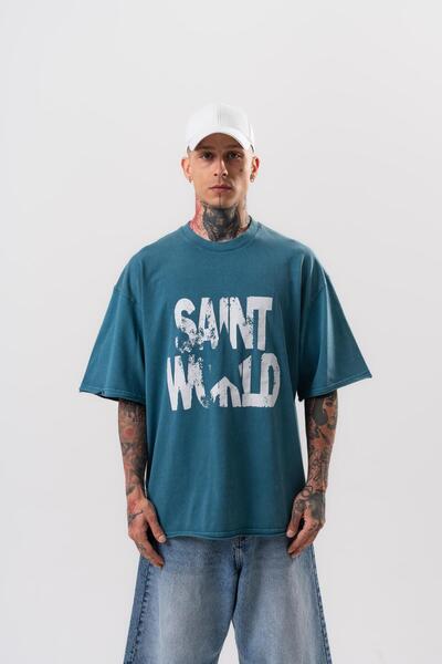 Respire Men's Star Printed Washable Oversize T-Shirt Petrol