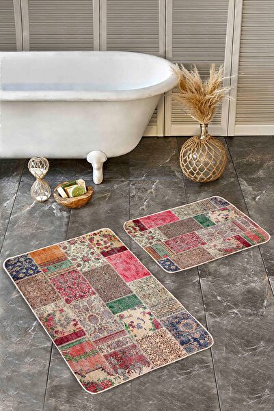 Realhomes Red - Patchwork Motif on Cream Floor Traditional Vintage Ethnic Motifs 2-Piece Bath Mat Set