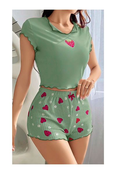 Retro Steampunk Set de pijamale cu bretele cu model de căpșuni verzi pentru femei Ruselin