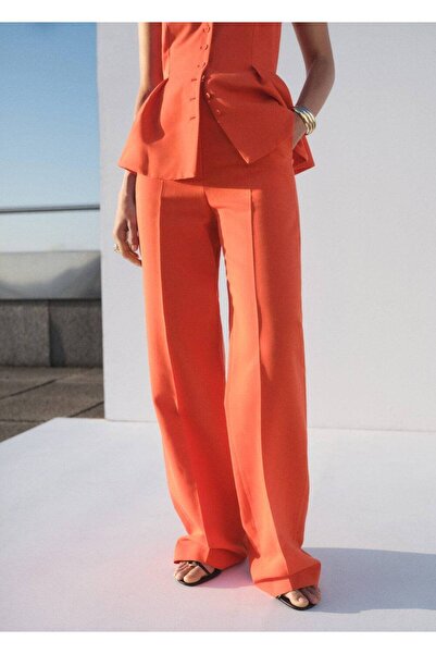 MANGO Woman Orta bel düz kesim kumaş pantolon