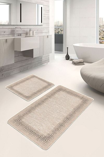 Realhomes Geometric Classic 2-Piece Bathroom & Kitchen Mat Set with Framed Motifs and Antique Patterns on Beige