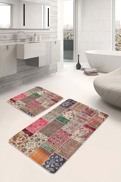 Realhomes Red - Patchwork Motif on Cream Floor Traditional Vintage Ethnic Motifs 2-Piece Bath Mat Set