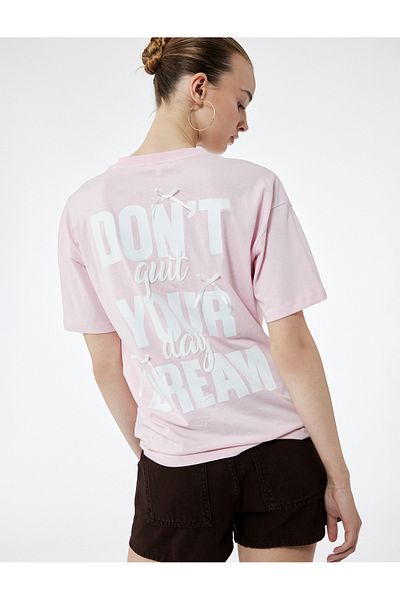 Koton Short Sleeve Crew Neck Cotton Oversized T-Shirt with Printed Back Bow