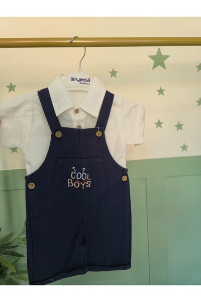 Baby Navy Blue Linen Solopet with White Shirt 100% Cotton Comfortable Stylish Baby Set
