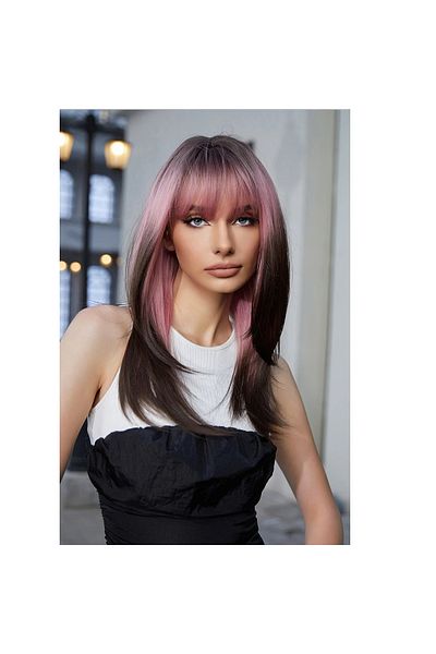 animis beauty Peruca lunga MARO / ROZ, dreapta, fibra sintetica cu aspect natural, cu breton, 55 cm