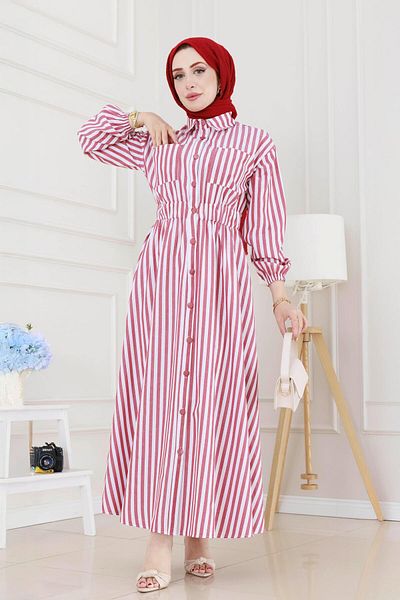 Sevitli Striped Pocket Hijab Dress-Burgundy