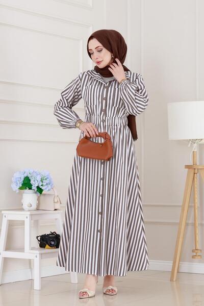Sevitli Striped Pocket Hijab Dress-Brown
