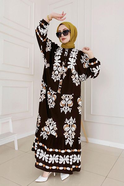 Sevitli Belinay Dress with Half Button Robe-Brown
