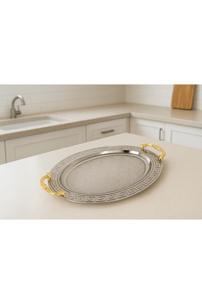 İnova Home Decor Silver Colored Sena Oval Labyrinth Patterned Large Sheet Tray - 44X35 cm
