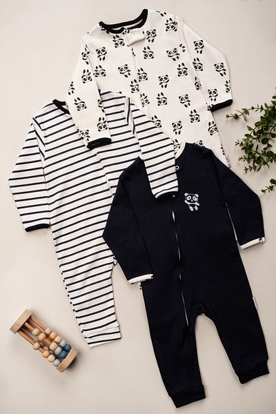 mybabydukkan Baby Girl and Boy Panda Printed Footless Cotton 3-Piece Jumpsuit Set