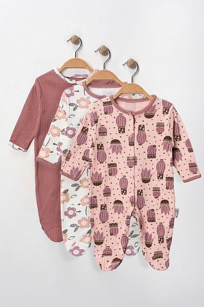 Mıdırık Baby Girl Newborn 3-6-9 Cactus Floral Patterned 3-Piece Jumpsuit with Booties Newborn Clothes Set