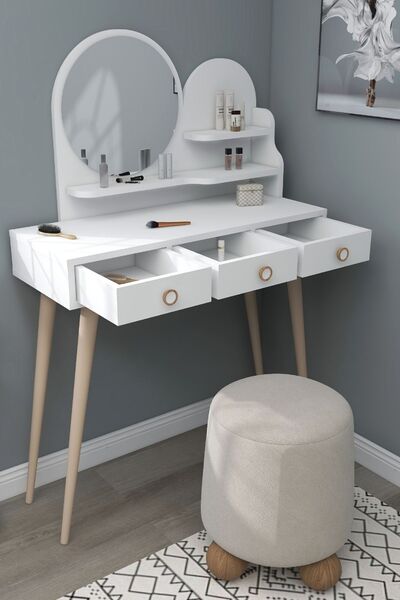 ARNETTİ Ruges Çekmeceli Ahşap Ayaklı Aynalı Makyaj Masası, Beyaz - Ruges