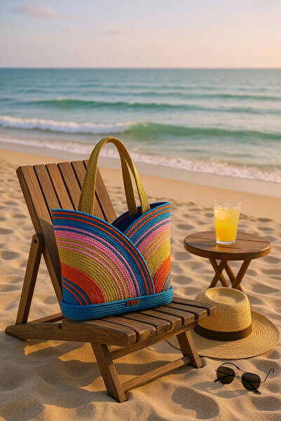 Zuviel Deco Handmade El Yapımı Çok Renkli Tress Pamuk Plaj Çantası, El Çantası