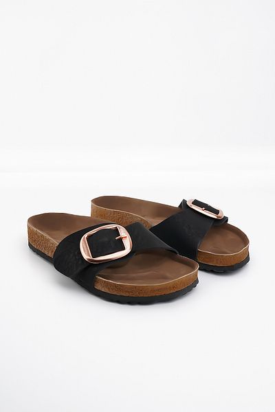 Blyss Women's Slippers Black Skin Leather Skin Summer Single Buckle Adjustable Stylish Daily Slippers