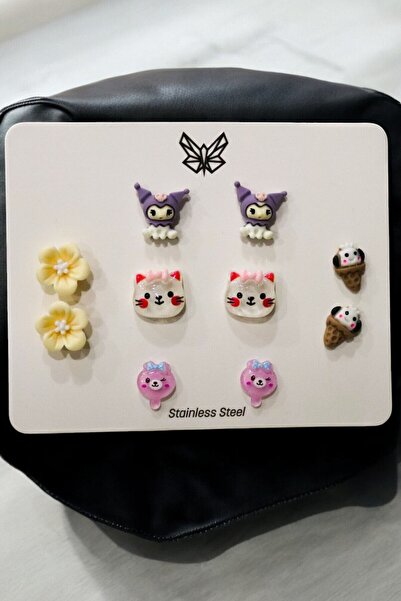 MakeWell Çelik Kararmaz Kuromi Hello Kity Tavşan Civciv Mickey Mouse Tasarımlı 5li Çelik Küpe Seti