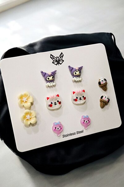 MakeWell Çelik Kararmaz Kuromi Hello Kity Tavşan Civciv Mickey Mouse Tasarımlı 5li Çelik Küpe Seti