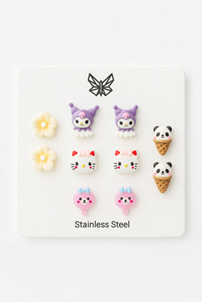 MakeWell Çelik Kararmaz Kuromi Hello Kity Tavşan Civciv Mickey Mouse Tasarımlı 5li Çelik Küpe Seti