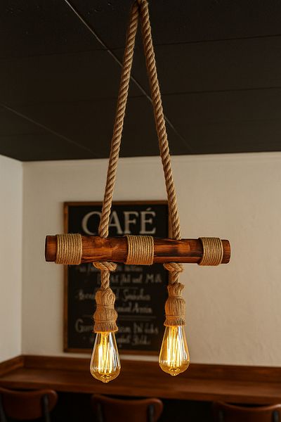 aybükpabuç Natural Coated Jute Rope Wooden Chandelier Pendant Lamp Rustic 2-Piece Lighting
