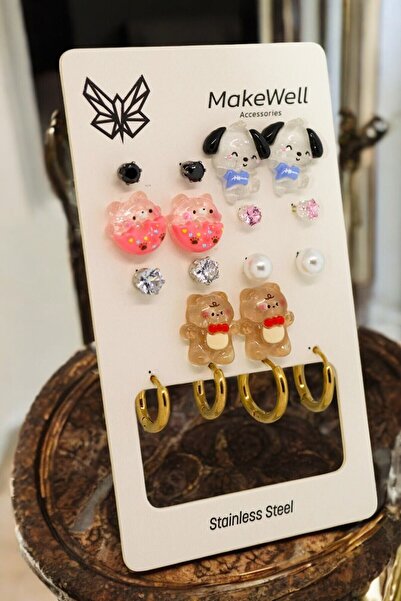 MakeWell 925s Gümüş İğneli Pachaco Köpek Donut ve Ayıcık Tasarımlı Çelik Halka Küpeli 9lu Çelik Küpe Seti