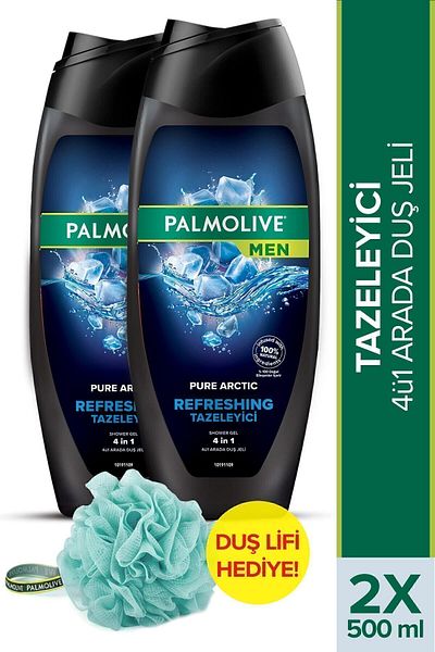 Palmolive Men Pure Arctic 3 in 1 Men's Shower Gel and Shampoo 500 ml X 2 Pcs + Shower Fiber Gift