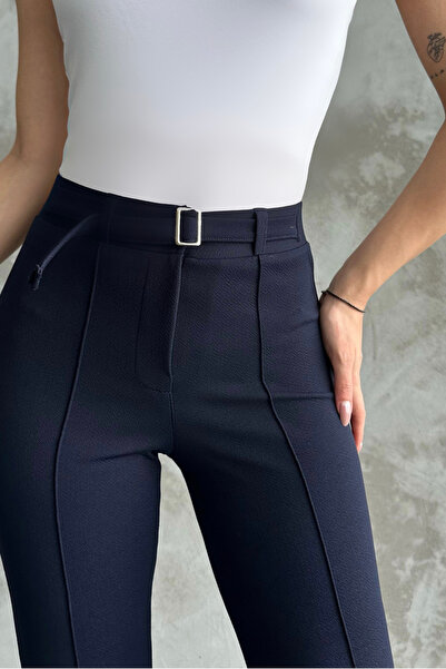 macharel jeans γυναικείο μπλε ναυτικό ψηλόμεσο slim fit υφασμάτινο παντελόνι με αγκράφες