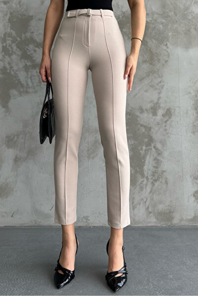 macharel jeans γυναικείο υφασμάτινο παντελόνι με αγκράφα με κρέμα High Waist Lifter