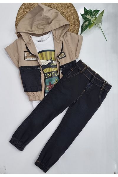 Uğur bebe “Boy's 3-Piece Set: Hooded Vest, Printed T-Shirt and Slim Fit Jeans (Last 1 Piece)